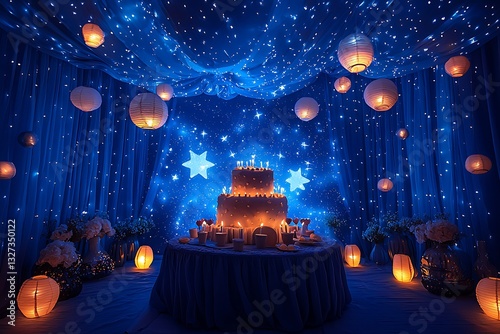 A magical birthday celebration featuring a cake shaped like a starry night sky and glowing lanterns