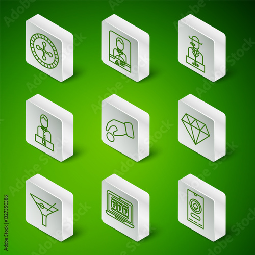 Set line Casino poker tournament invitation, Laptop and slot machine, roulette wheel, Hand holding casino chips, dealer, Martini glass and Diamond icon. Vector