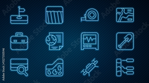 Set line Soil analysis, Shovel, Roulette construction, Earth globe with document, Briefcase, Flag, Seismograph and Ground icon. Vector