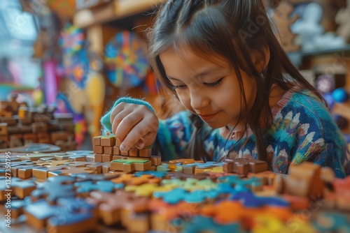 A young girl focuses intently on assembling colorful wooden puzzles, showcasing creativity and concentration. photo