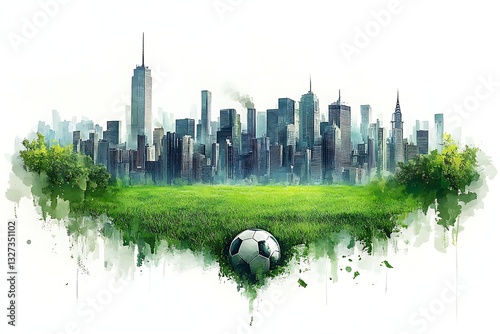 Watercolor Cityscape Soccer Ball on Green Field, Urban Nature Scene