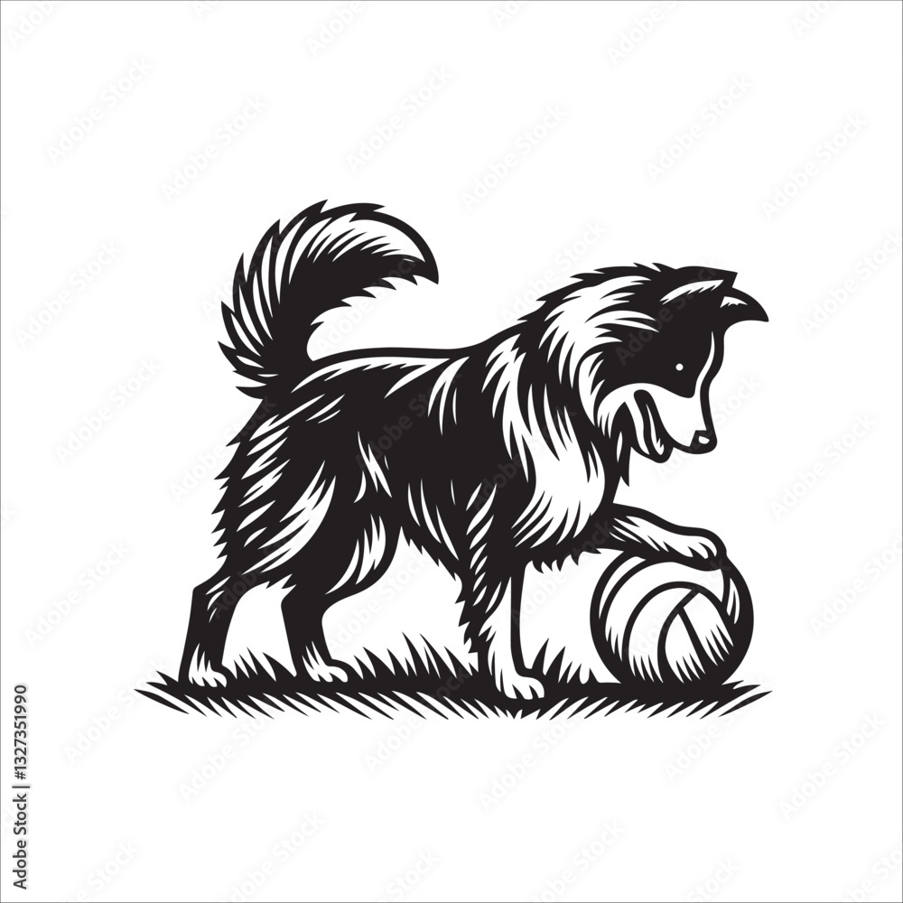 Fototapeta premium Simple Australian Shepherd Playing Ball Vector Icon – Vintage Logo & Retro Illustration