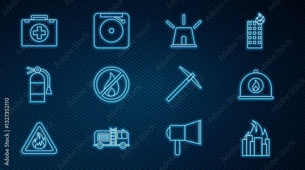 Set line Fire in burning buildings, Firefighter helmet, Flasher siren, No fire, extinguisher, First aid kit, Pickaxe and Ringing alarm bell icon. Vector Set line Fire in burning buildings, Firefighter helmet, Flasher siren, No fire, extinguisher, First aid kit, Pickaxe and Ringing alarm bell icon. Vector