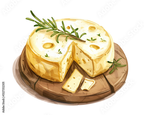 Round wheel of cheese with a wedge cut out, placed on a rustic wooden cutting board. Vector illustration with rosemary twig. Tiny thyme leaves on cheese head with small holes. 