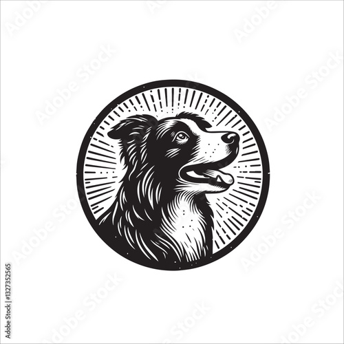 Simple Border Collie Looking Up Vector Icon – Vintage Logo & Retro Illustration