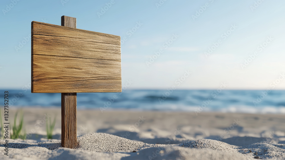 Naklejka premium wooden sign on sandy beach with serene ocean backdrop, perfect for relaxation