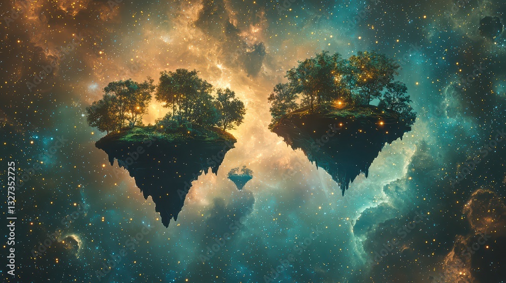 Obraz premium Celestial Islands: Floating islands with vibrant trees against a cosmic backdrop of swirling nebulas and twinkling stars, creating a surreal landscape