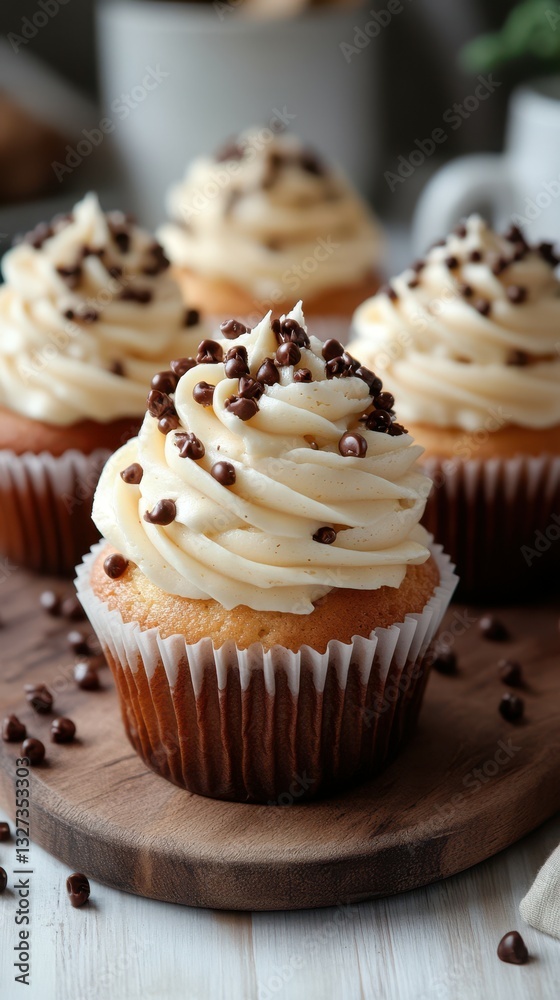 Delicious cupcakes with creamy frosting and chocolate sprinkles on a wooden platter in a cozy kitchen setting Delicious cupcakes with creamy frosting and chocolate sprinkles on a wooden platter in a cozy kitchen setting