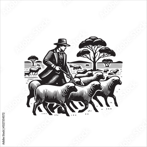 Simple Goat Herder Vector Icon – Vintage Logo & Retro Illustration