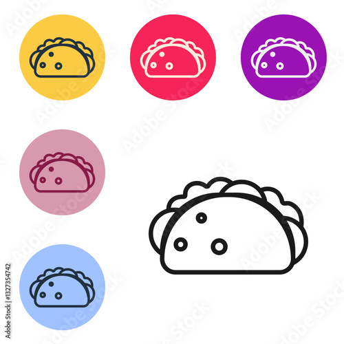 Black line Taco with tortilla icon isolated on white background. Traditional mexican fast food menu. Set icons in color square buttons. Vector