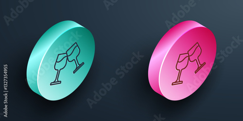 Isometric line Wine glass icon isolated on black background. Wineglass sign. Turquoise and pink circle button. Vector