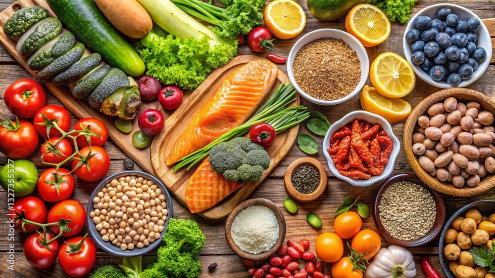Healthy food selection, Superfoods, various fruits, nuts and seeds background