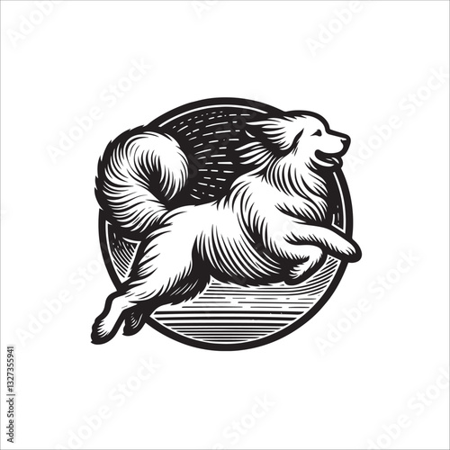 Simple Great Pyrenees Jumping Vector Icon – Vintage Logo & Retro Illustration