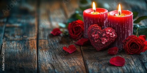 Fototapeta Naklejka Na Ścianę i Meble -  Romantic candlelight setting with red roses and heart decoration for an intimate evening