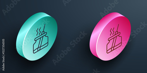 Isometric line Aroma diffuser icon isolated on black background. Glass jar different with wooden aroma sticks. Turquoise and pink circle button. Vector