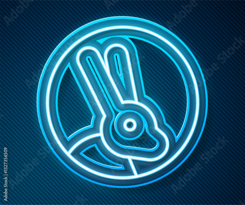 Glowing neon line Animal cruelty free with rabbit icon isolated on blue background. Vector