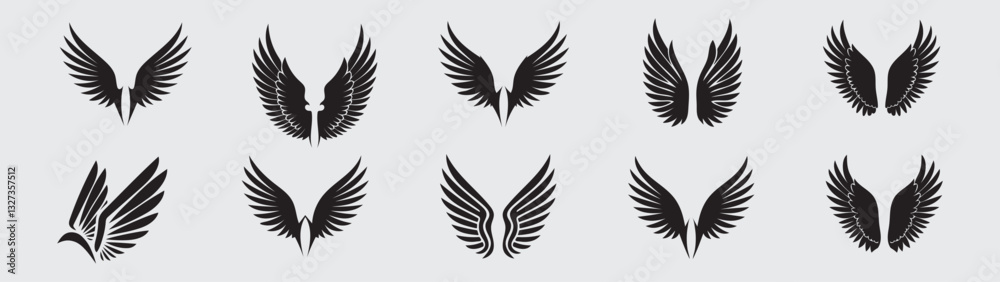 Elegant Black Wing Silhouettes: Angelic, Bird, and Fantasy-Inspired Wing Designs for Logos and Tattoos Elegant Black Wing Silhouettes: Angelic, Bird, and Fantasy-Inspired Wing Designs for Logos and Tattoos