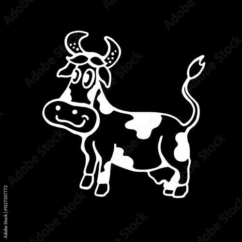 Vector black and white cartoon style image - cows on a black background