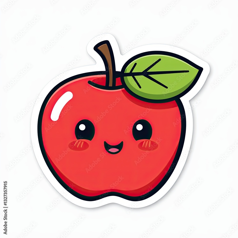 Obraz premium Cute Cartoon Apple with Smile and Leaf on Simple Background