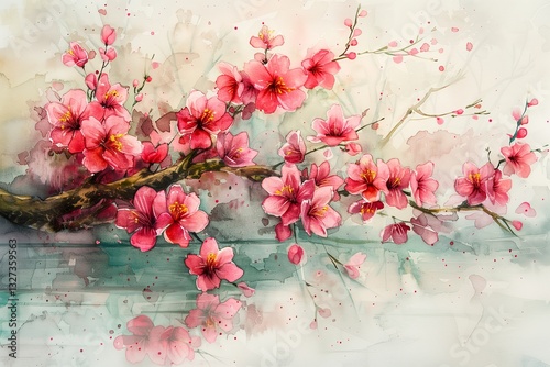 Beautiful watercolor painting of pink cherry blossom branches, evoking tranquility and elegance in nature. photo