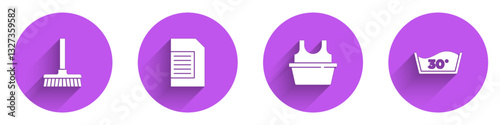 Set Handle broom, Laundry detergent, Basin with shirt and Temperature wash icon with long shadow. Vector