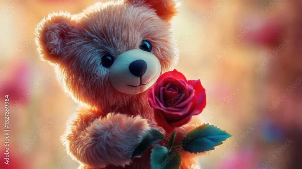 Fototapeta premium Teddy bear with a red rose. Selective focus.