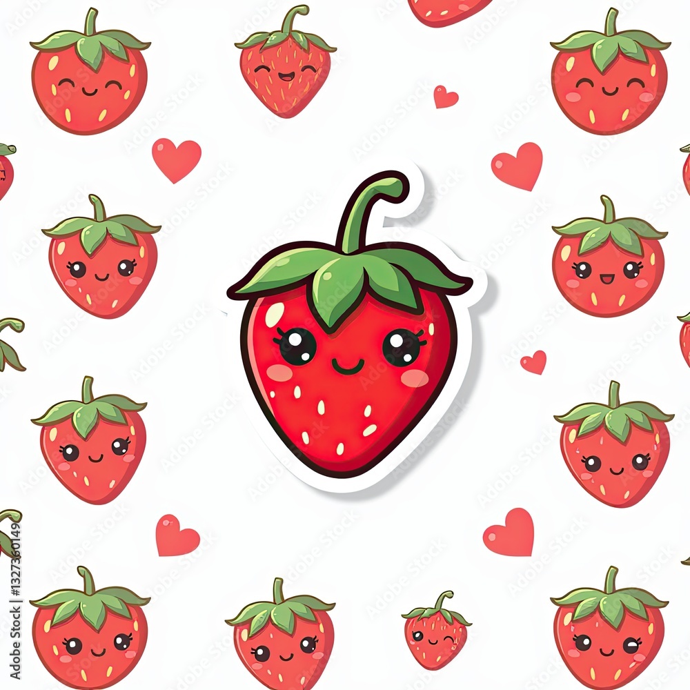 Cute Cartoon Strawberry Character with Smiling Face and Green Leaves Cute Cartoon Strawberry Character with Smiling Face and Green Leaves