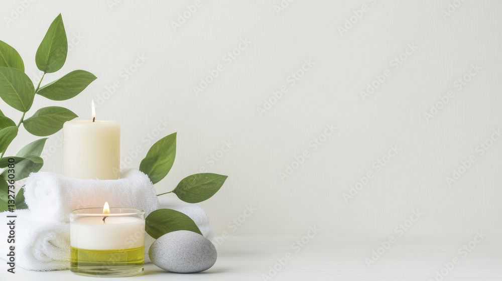 Minimalist spa setup with candles, stones, and fresh leaves for relaxation Minimalist spa setup with candles, stones, and fresh leaves for relaxation