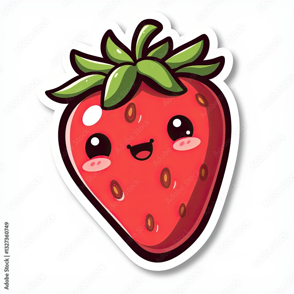 Obraz premium Cute Cartoon Strawberry Character with Smiling Face and Green Leaves