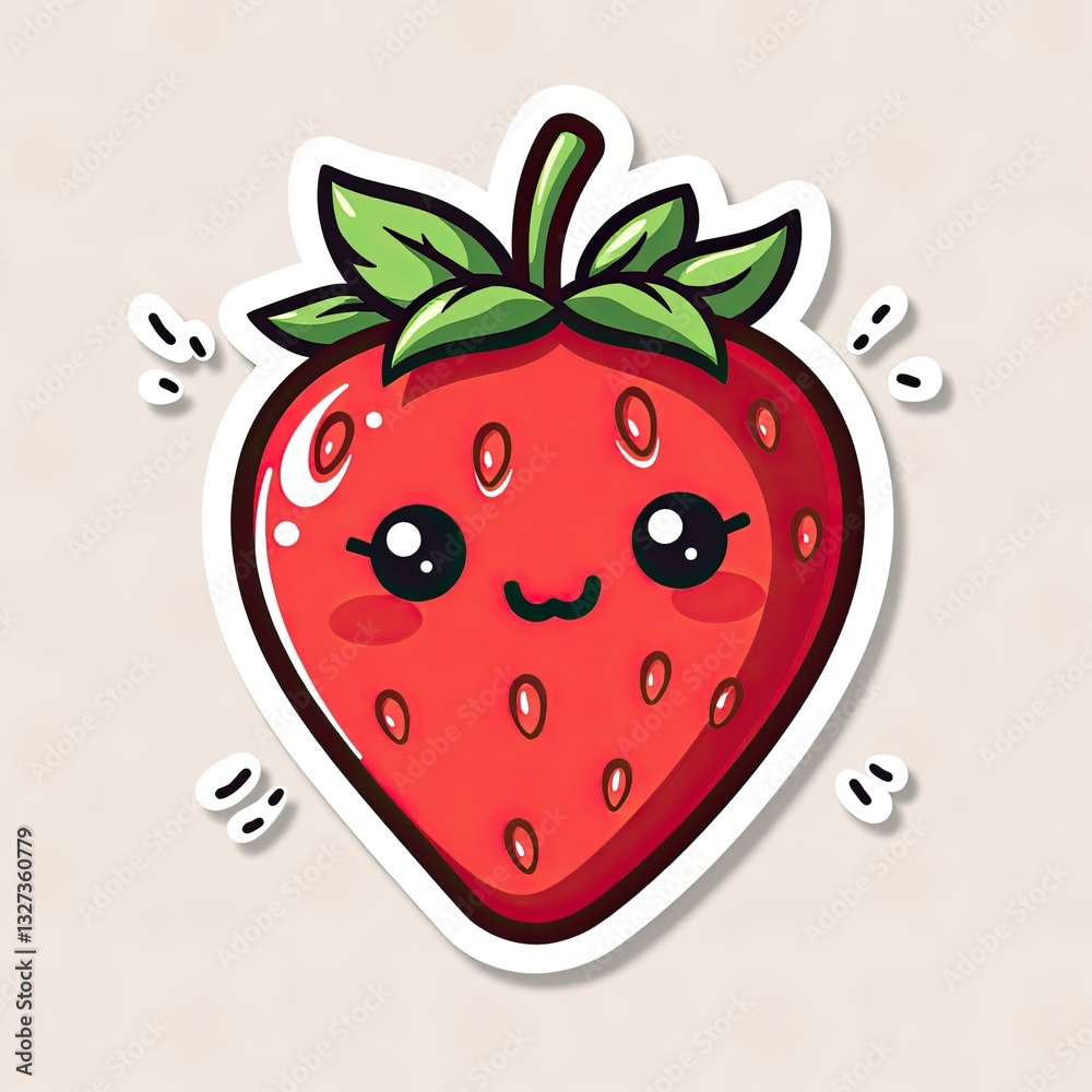 Obraz premium Cute Cartoon Strawberry Character with Smiling Face and Green Leaves