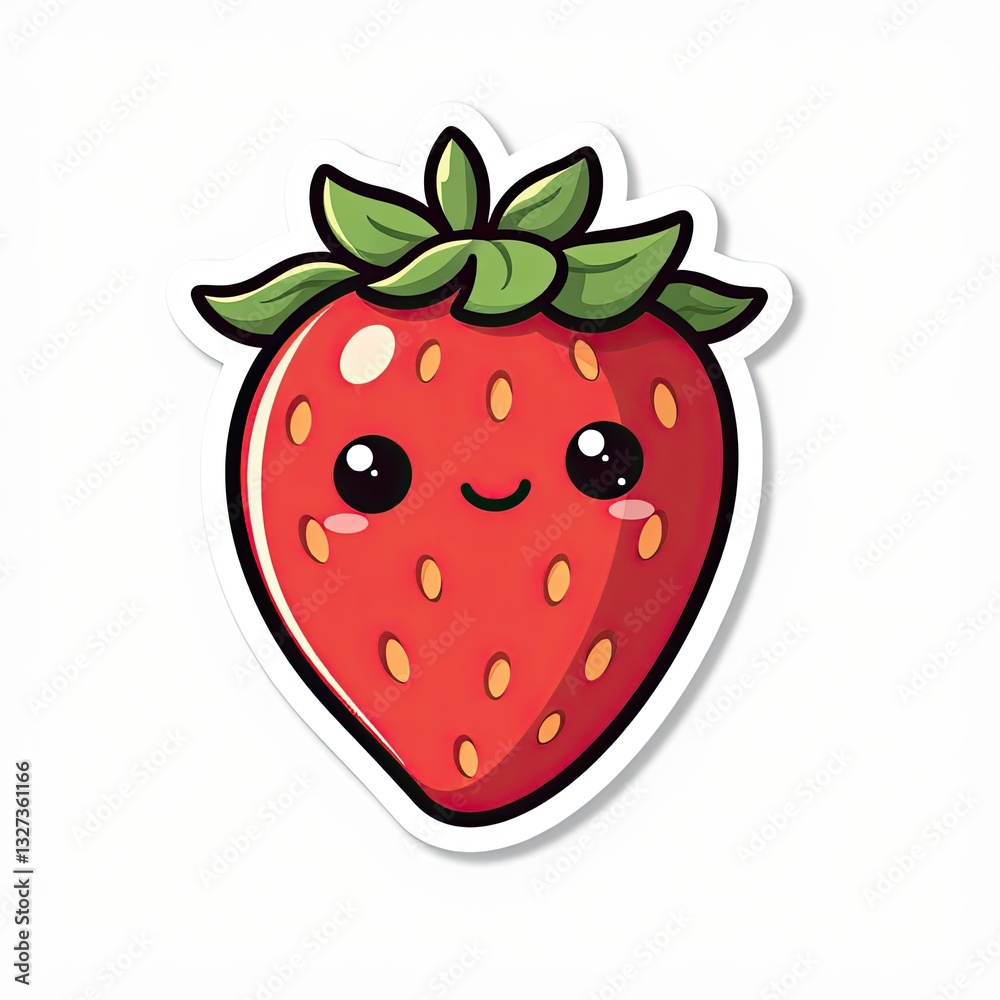 Obraz premium Cute Cartoon Strawberry Character with Smiling Face and Green Leaves