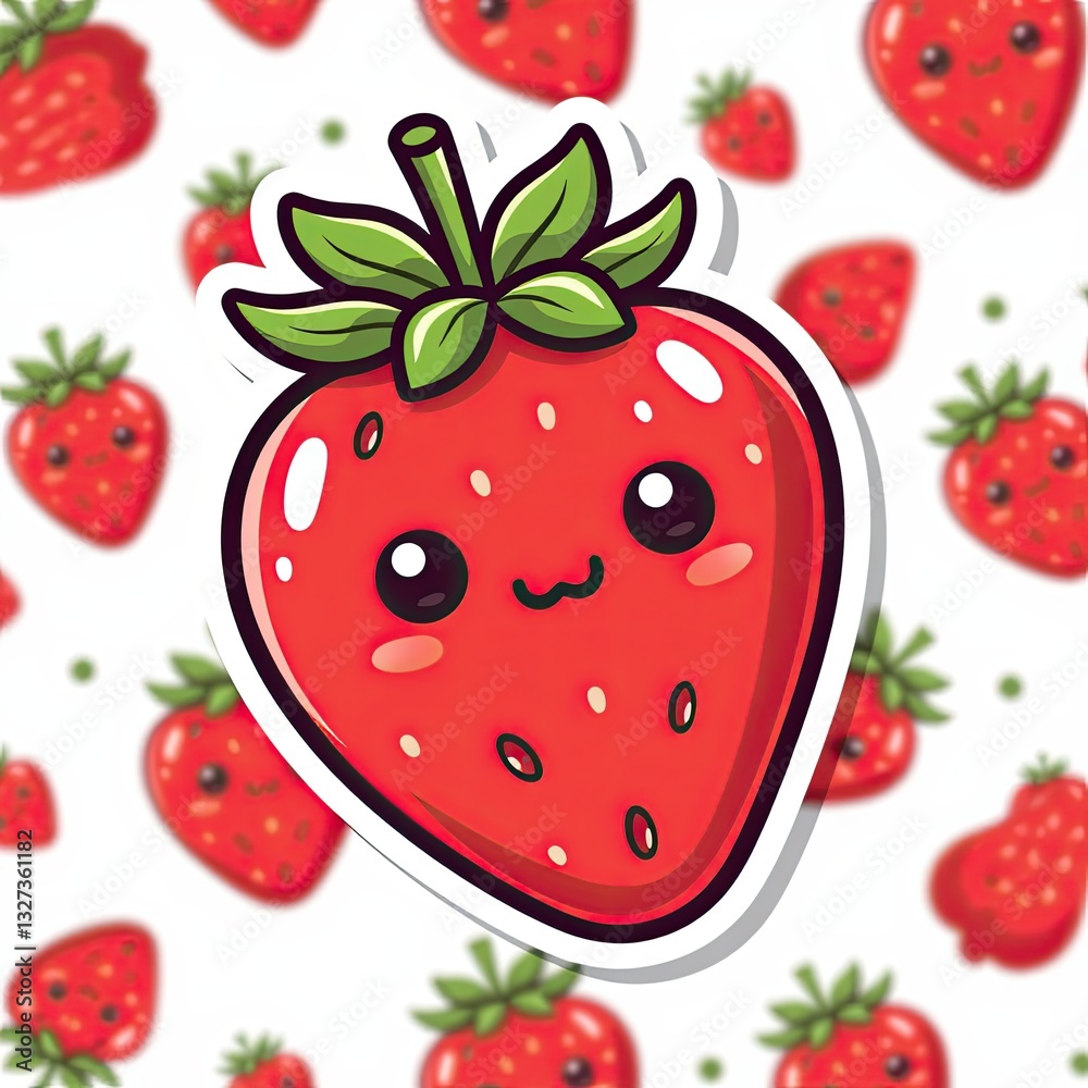 Obraz premium Cute Cartoon Strawberry Character with Smiling Face and Green Leaves