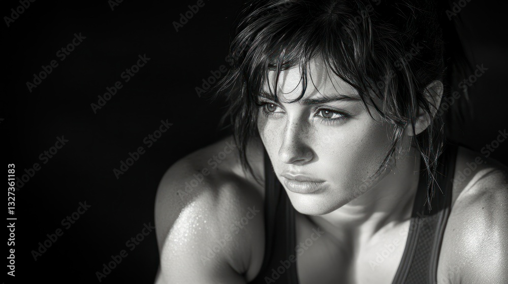 Focused female figure, grayscale portrait Focused female figure, grayscale portrait