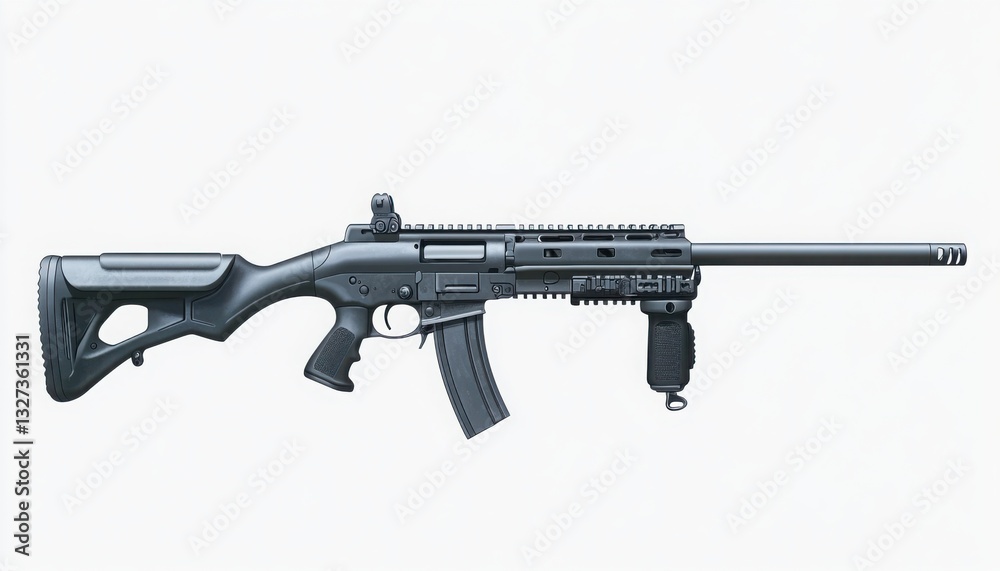 Army modern combat shotgun with extended barrel and rail system vector transparent ultra-detailed solid white background Army modern combat shotgun with extended barrel and rail system vector transparent ultra-detailed solid white background