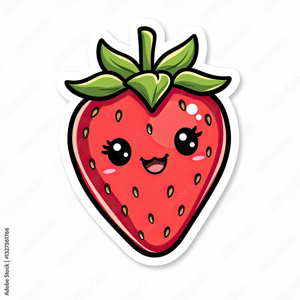 Obraz premium Cute Cartoon Strawberry Character with Smiling Face and Green Leaves