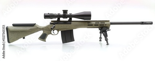 Army sniper rifle with suppressor and precision scope ultra-realistic vector solid white background HD camera shot