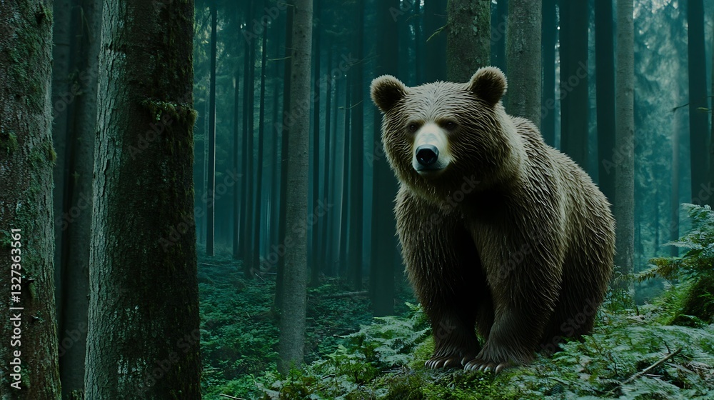 Fototapeta premium Bear stands, alert, in a green wooded forest