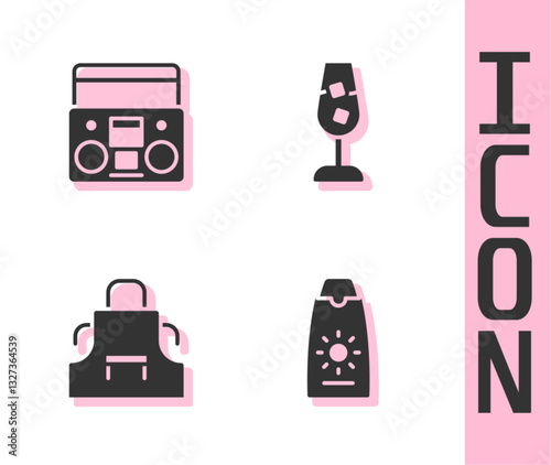 Set Sunscreen cream in tube, Home stereo with two speakers, Kitchen apron and Wine glass icon. Vector