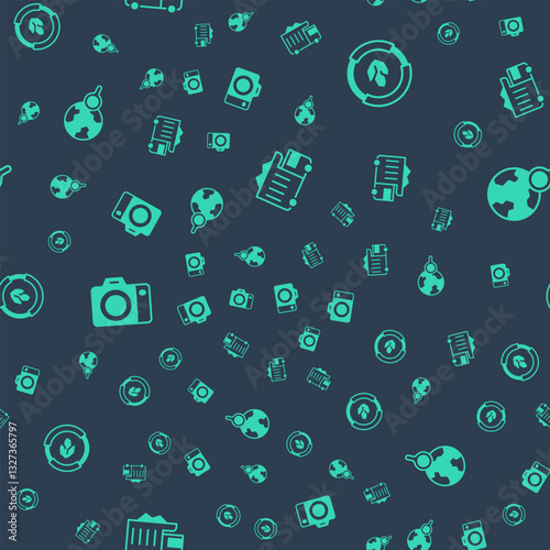 Set Mining dump truck, Soil analysis, Photo camera and Magnifying glass with globe on seamless pattern. Vector