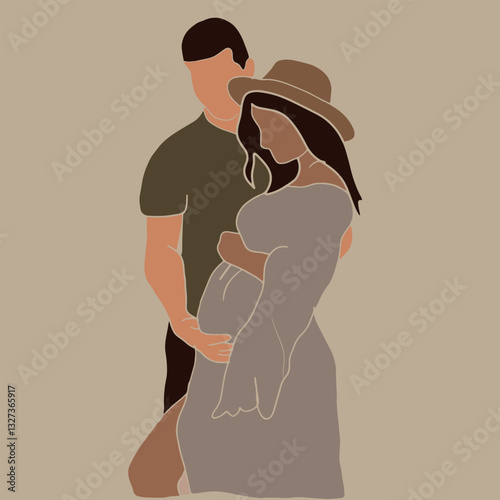 Vector freehand illustration of a young married couple expecting a child in the style of flat graphics. Hand drawn minimalistic, abstract of a pregnant girl. Pregnancy. Design