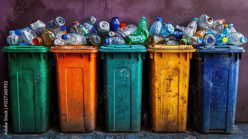 Overfilled Colorful Recycling Bins Overflowing with Plastic Bottles and Containers for Waste Disposal and Environmental Recycling