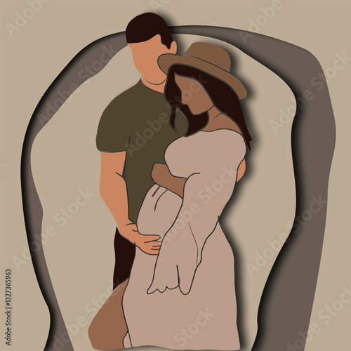 Vector freehand illustration of a young married couple expecting a child in the style of flat graphics. Hand drawn minimalistic, abstract of a pregnant girl. Pregnancy. Design