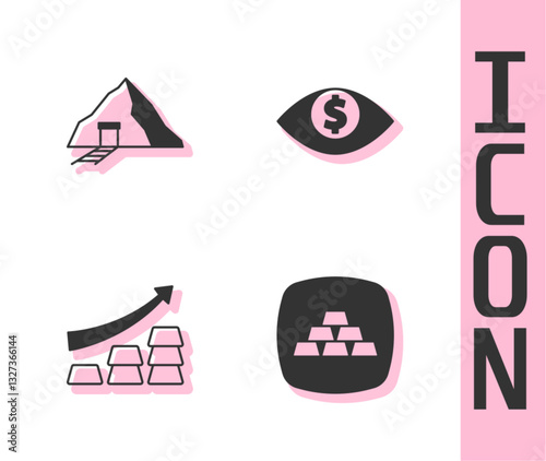Set Gold bars, mine, Growth arrow with gold and Eye dollar icon. Vector