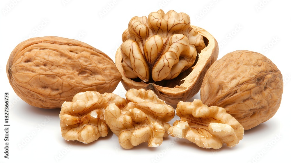 Assorted Walnuts Including Shelled and Unshelled Varieties on a White Background Assorted Walnuts Including Shelled and Unshelled Varieties on a White Background