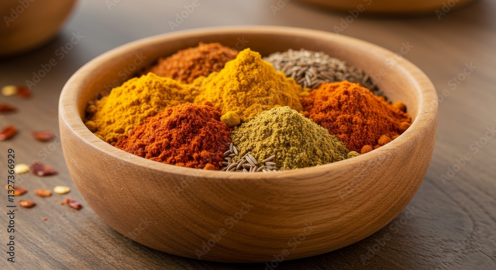 Aromatic Spice Collection in Wooden Bowl - Aromatic blend of culinary spices, representing flavor, warmth, tradition, health, and culinary artistry Aromatic Spice Collection in Wooden Bowl - Aromatic blend of culinary spices, representing flavor, warmth, tradition, health, and culinary artistry