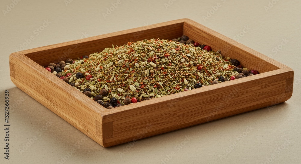 Aromatic Spice Blend in Wooden Tray - A close-up shot of a wooden tray filled with a vibrant mix of dried herbs and spices