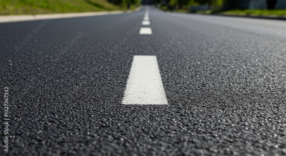 Asphalt Road Surface Texture - Close-up view of a dark asphalt road surface with white lane markings, showing texture and detail Asphalt Road Surface Texture - Close-up view of a dark asphalt road surface with white lane markings, showing texture and detail