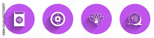 Set Chinese New Year, Yuan currency, Lotus flower and icon with long shadow. Vector