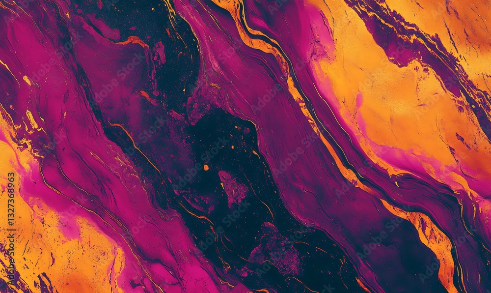 Fototapeta premium Abstract painting of swirling vibrant colors, a fiery sunset landscape with hues of orange, red, pink, purple, and dark shades, creating a dynamic
