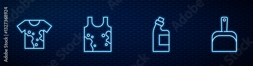 Set line Bottle for cleaning agent, Dirty t-shirt, and Dustpan. Glowing neon icon on brick wall. Vector